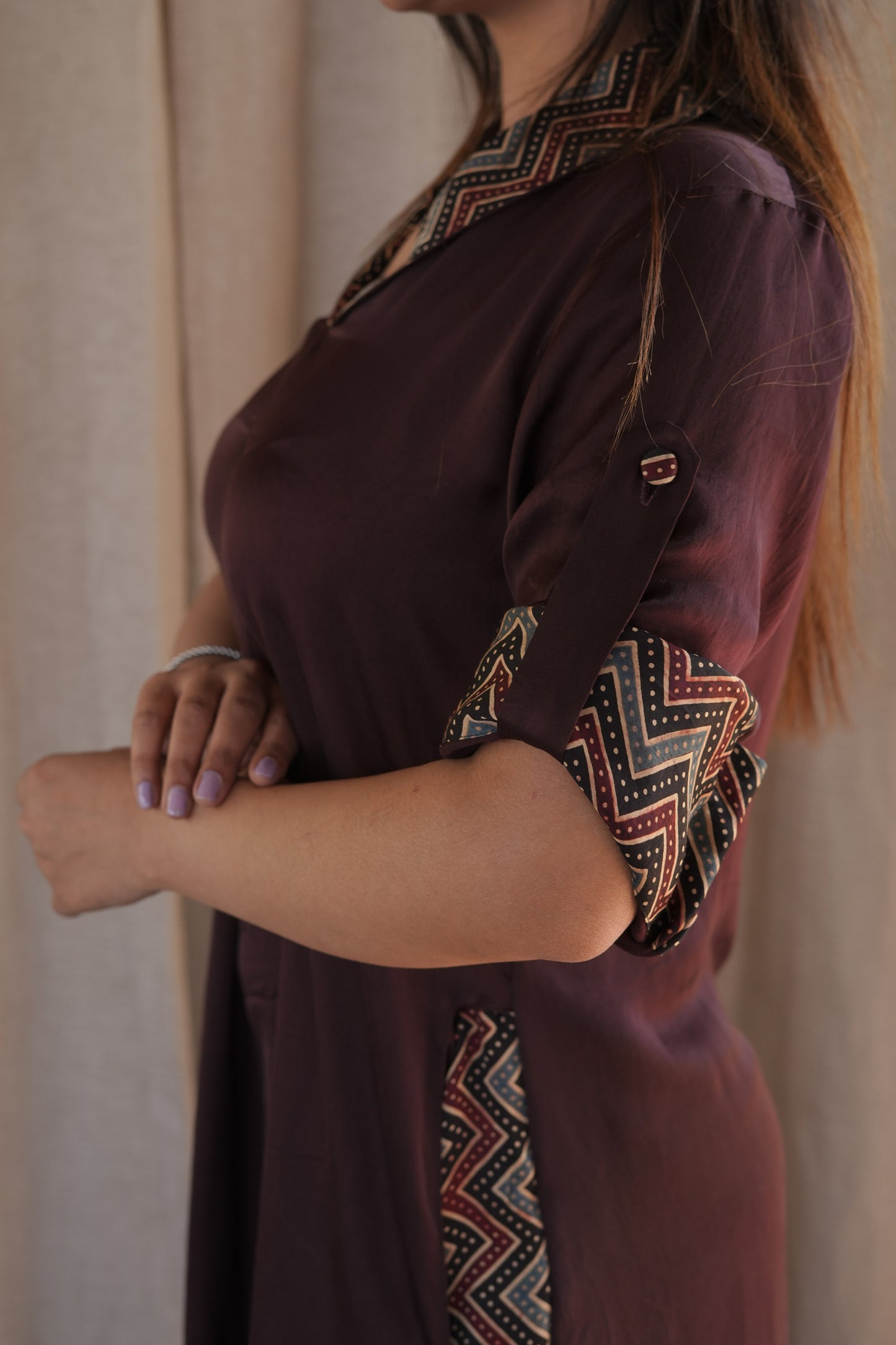 Brown Modal Ajrakh Applique Dress