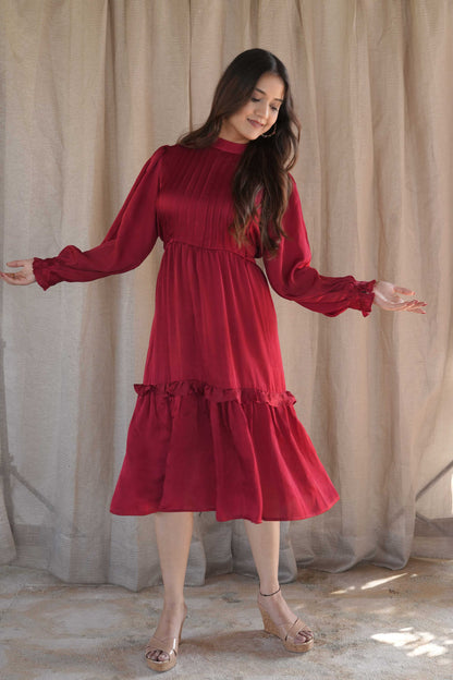 Solid Red  Modal Silk High Neck Dress