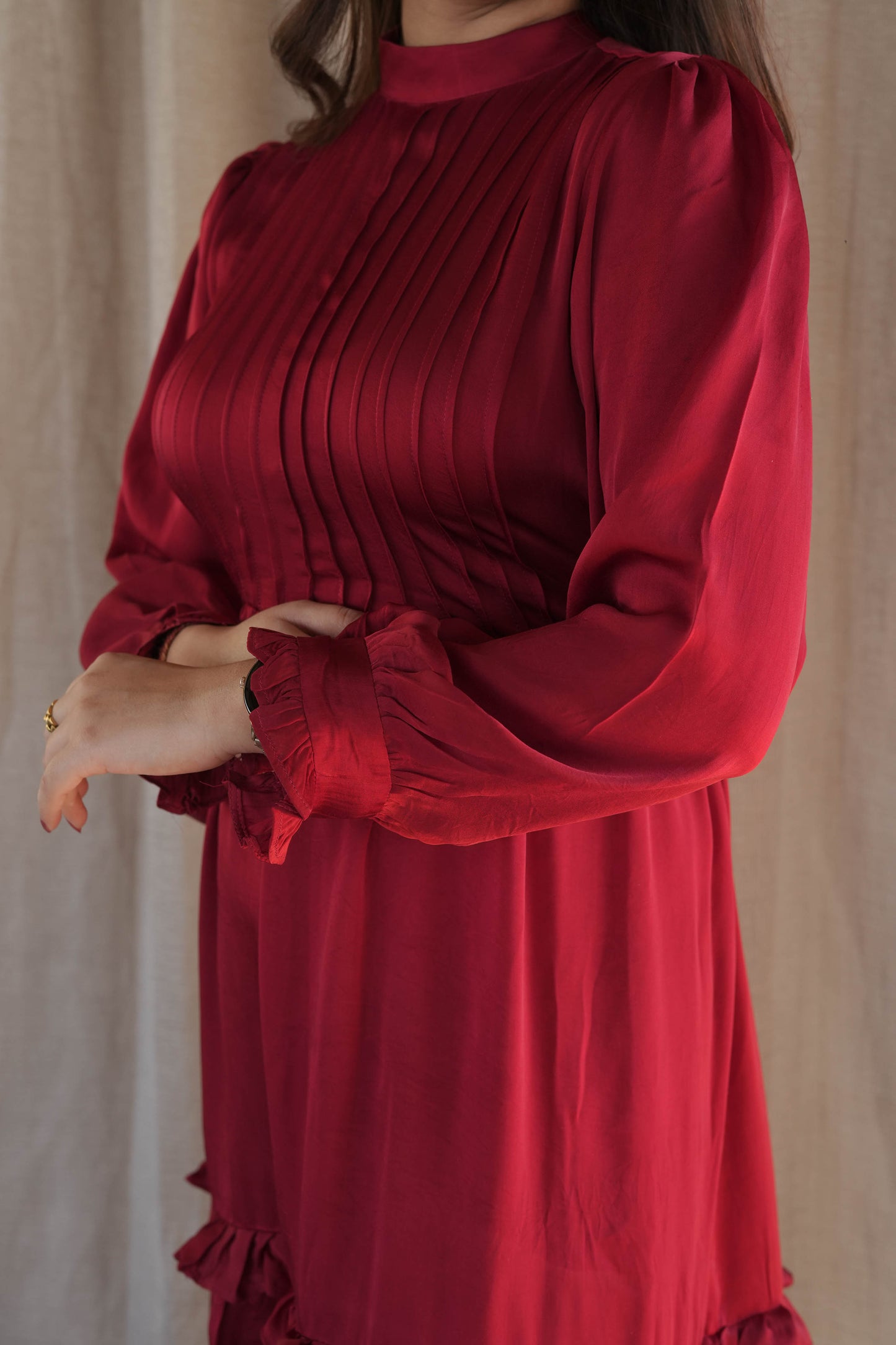 Solid Red  Modal Silk High Neck Dress
