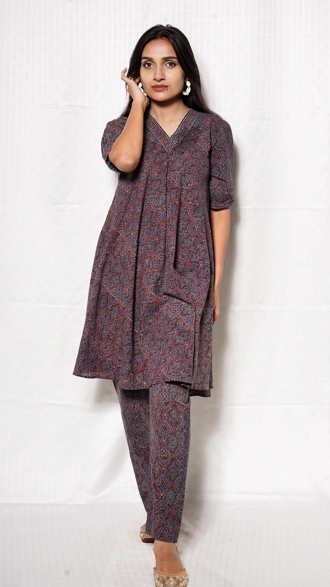 Blue Ajrakh Vneck Buta Print Cordset