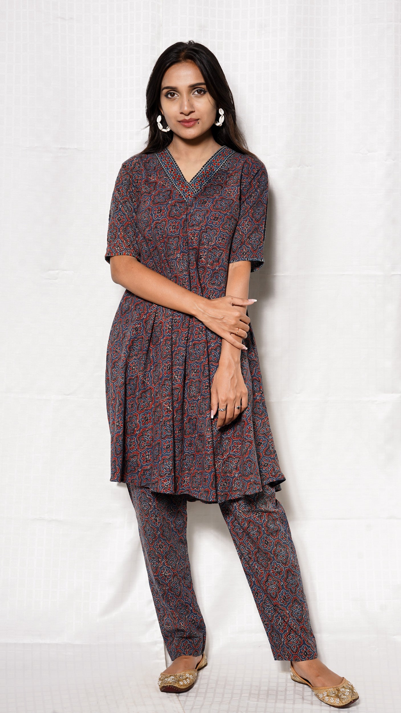 Blue Ajrakh Vneck Buta Print Cordset