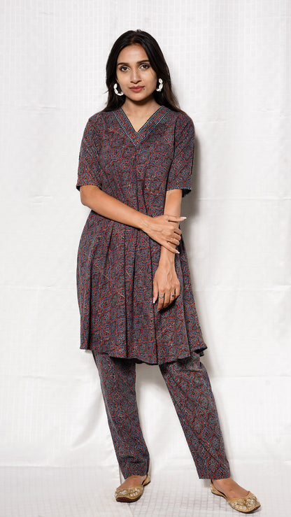 Blue Ajrakh Vneck Buta Print Cordset