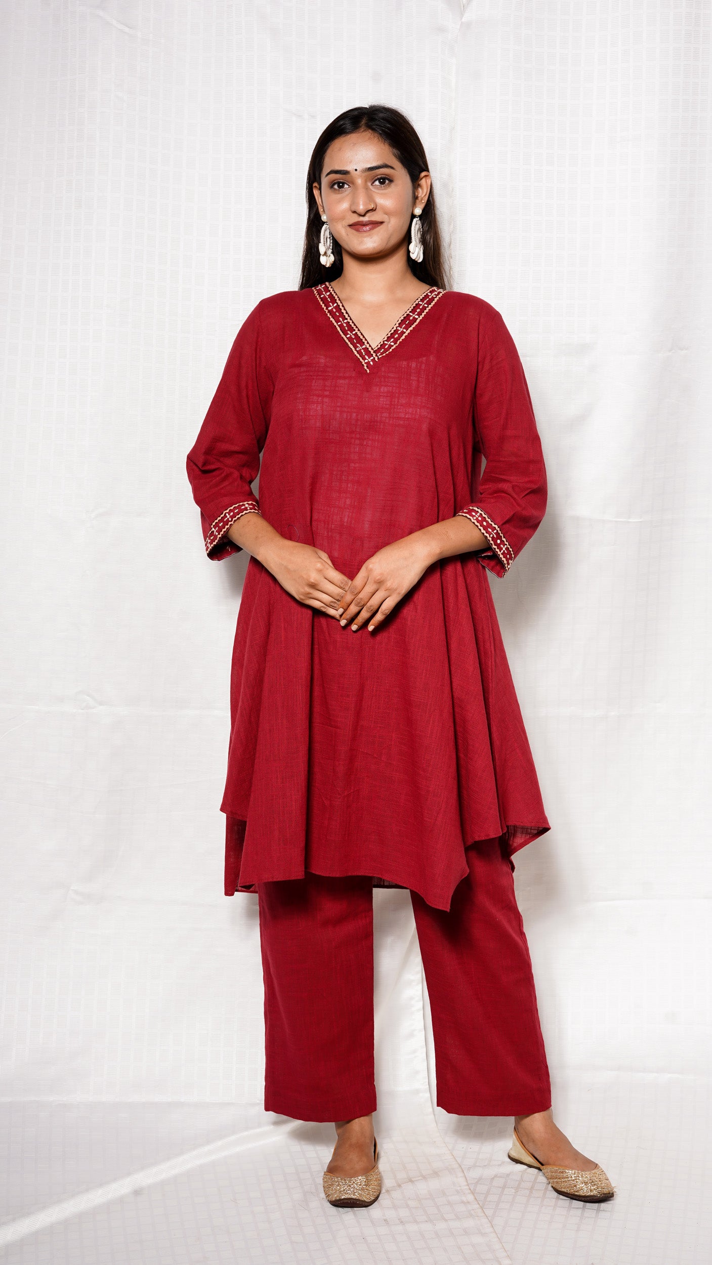 Red V neck Cotton slub ajrakh patch Cordset