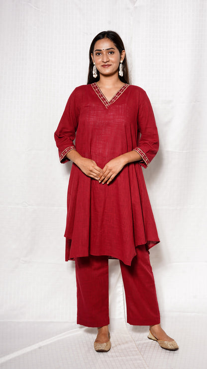 Red V neck Cotton slub ajrakh patch Cordset