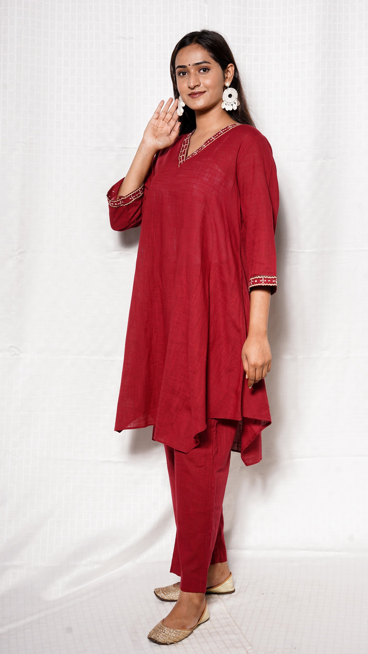 Red V neck Cotton slub ajrakh patch Cordset