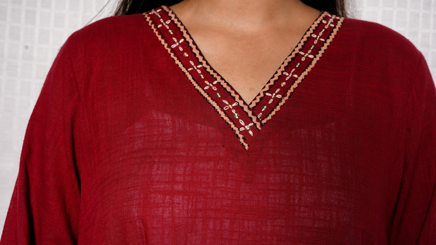 Red V neck Cotton slub ajrakh patch Cordset