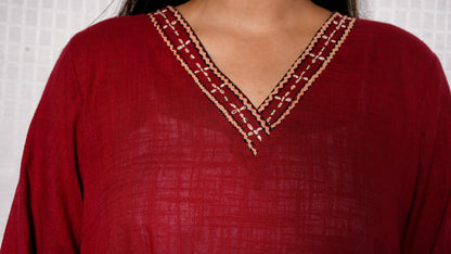 Red V neck Cotton slub ajrakh patch Cordset