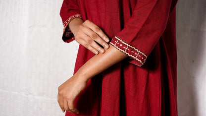 Red V neck Cotton slub ajrakh patch Cordset