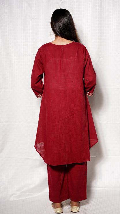 Red V neck Cotton slub ajrakh patch Cordset