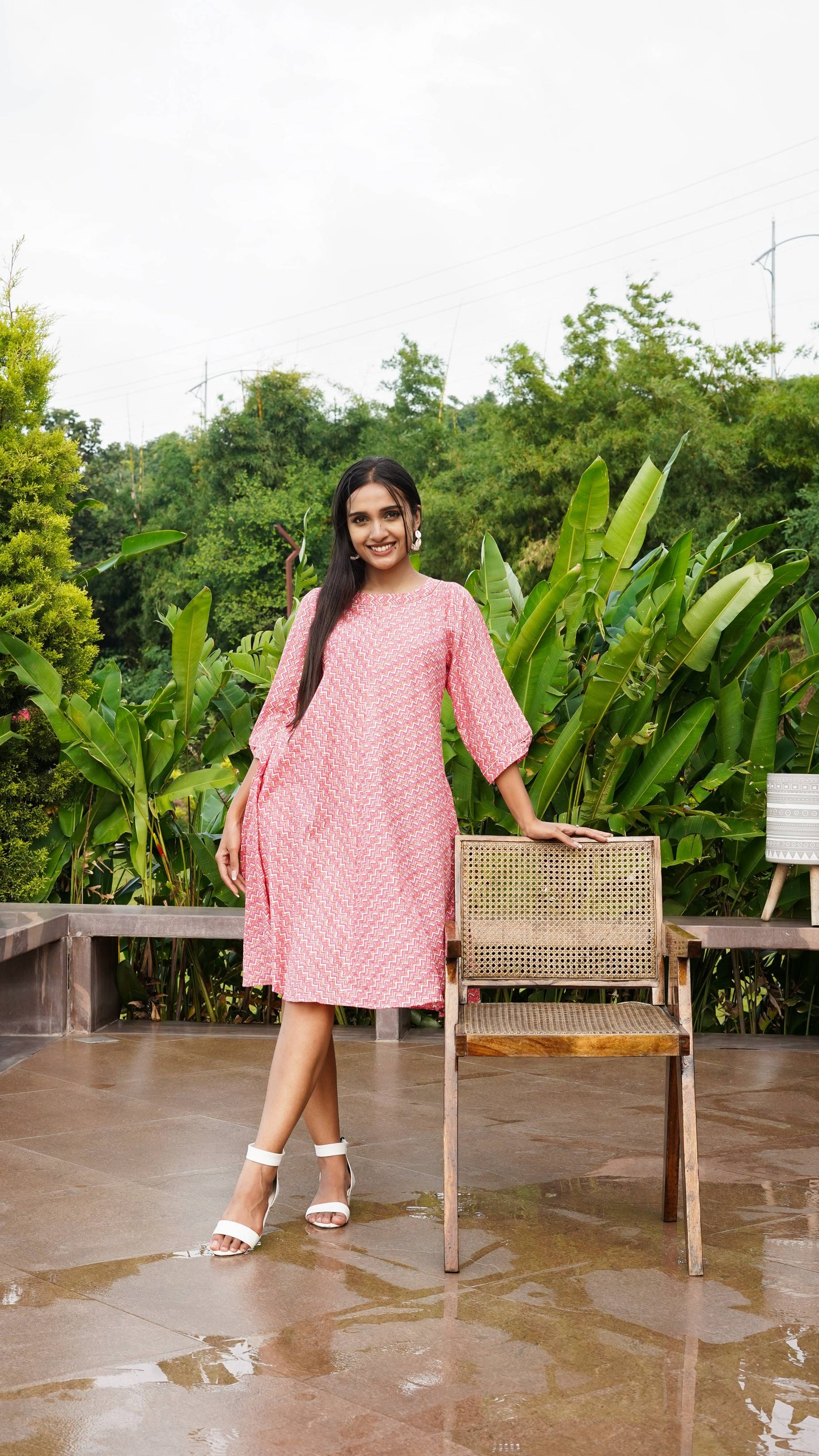 Pink And White Zig Zag Beaded Work Dress