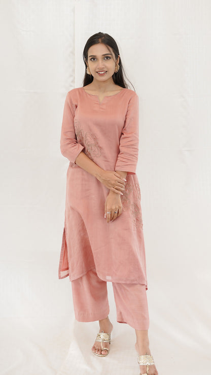 Pastel PEACH Chanderi hand embroidered Kurta pant