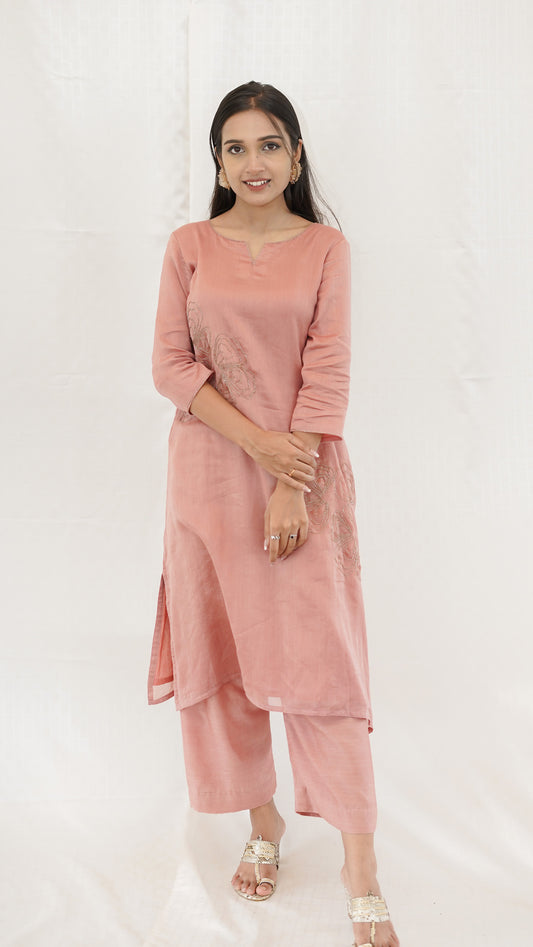 Pastel PEACH Chanderi hand embroidered Kurta pant