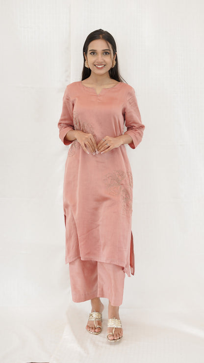 Pastel PEACH Chanderi hand embroidered Kurta pant
