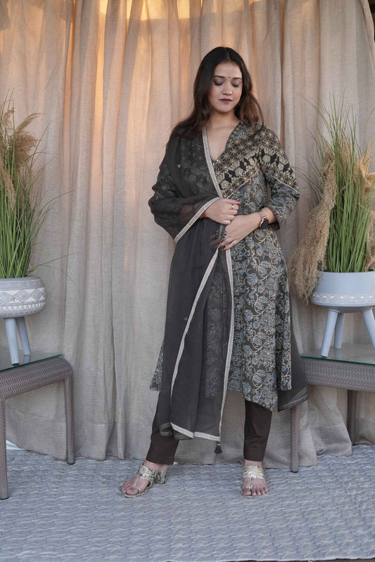 Brown And Grey Ajrakh Zari Embroidered SuitSet-Set of 3