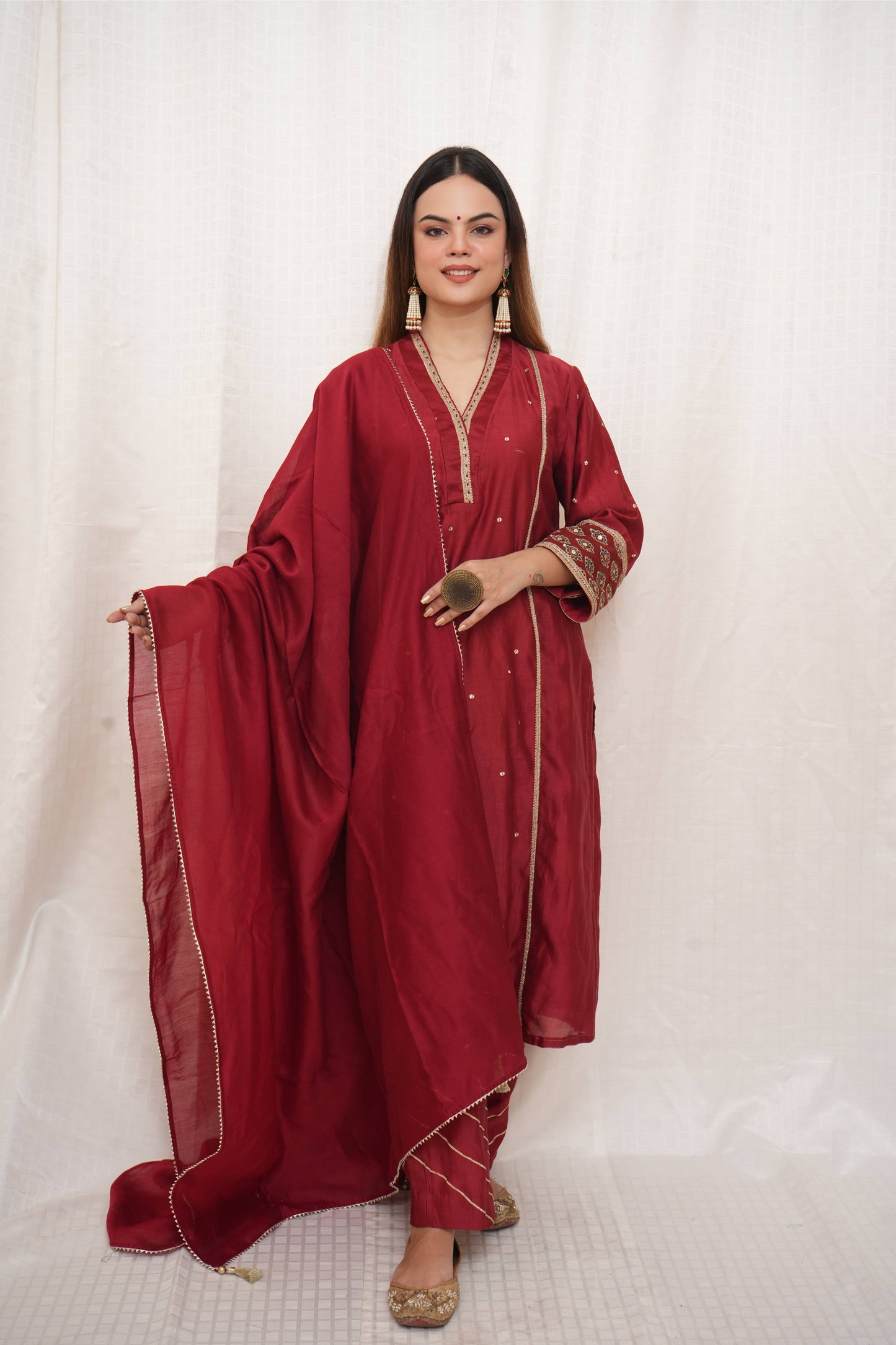 Red Chanderi Golden Sequence Suit Set