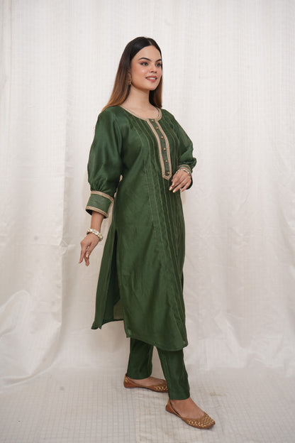 Green Chanderi lace embellished suit