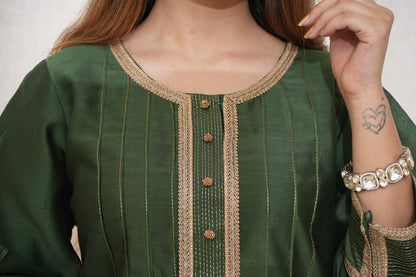 Green Chanderi lace embellished suit