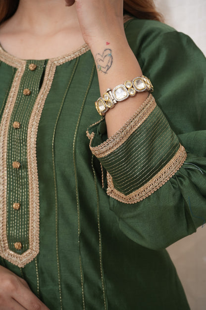 Green Chanderi lace embellished suit