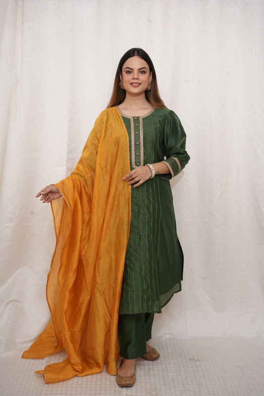 Green Chanderi lace embellished suit