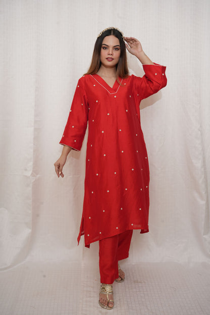 Red Chanderi Beaded Kurta And Pant