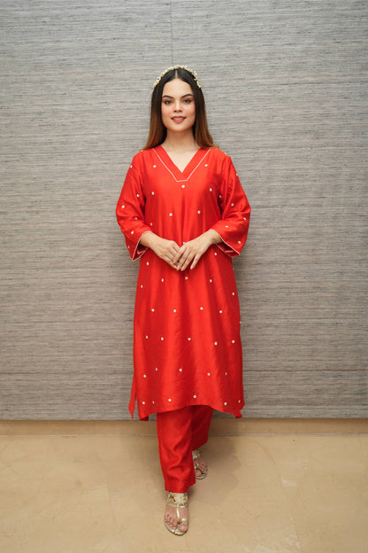 Red Chanderi Beaded Work Kurta And Pant