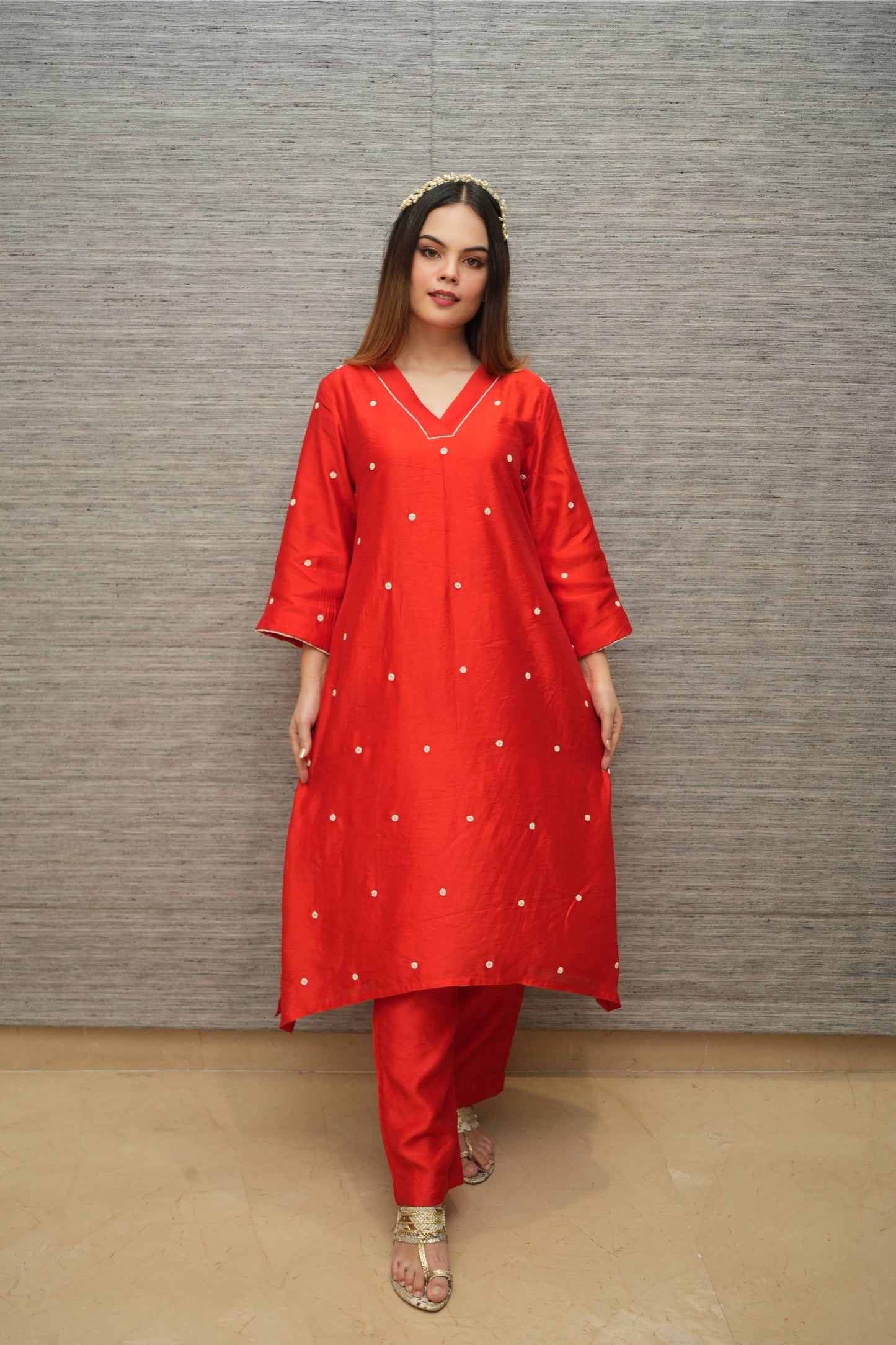 Red Chanderi Beaded Work Kurta And Pant