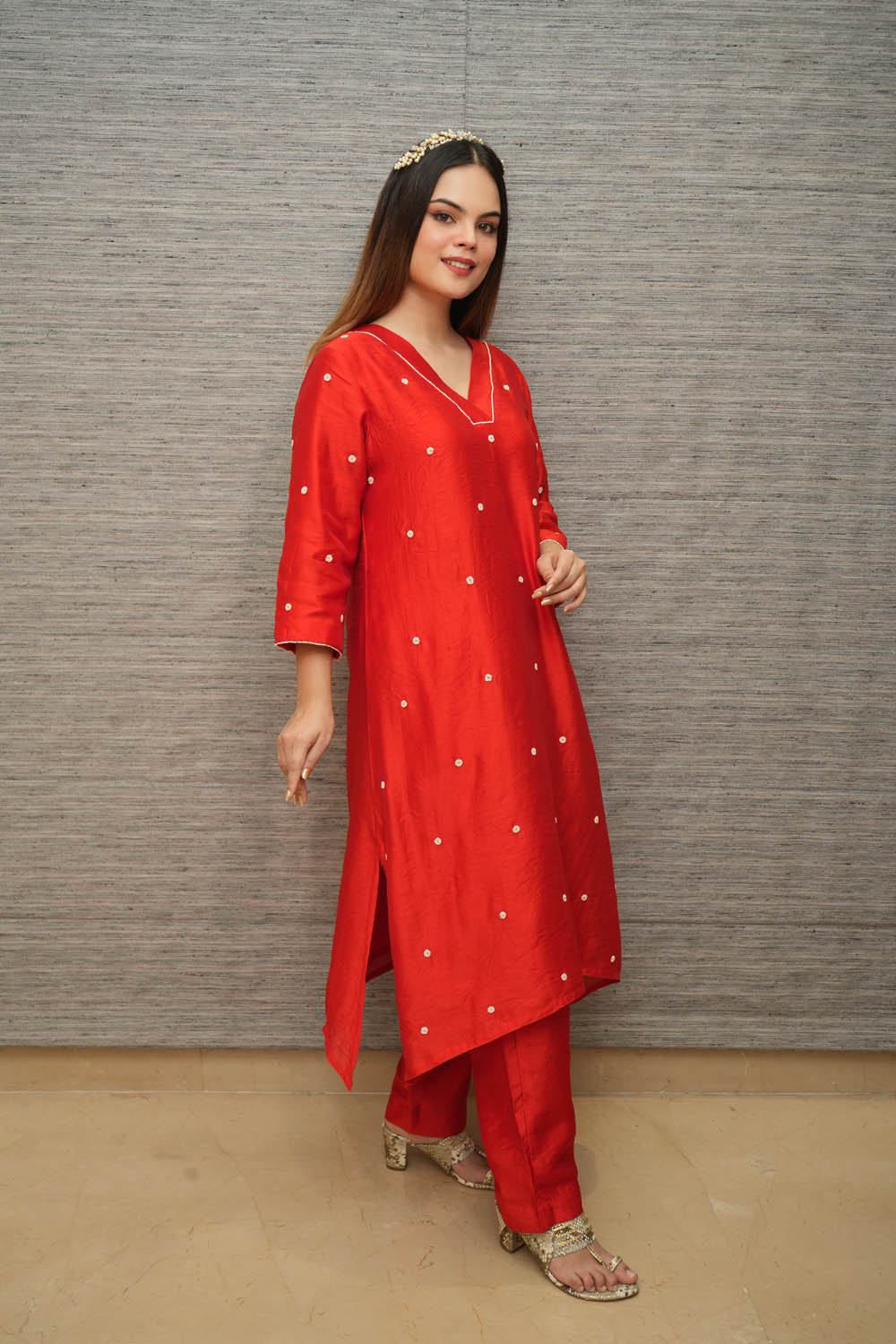 Red Chanderi Beaded Kurta And Pant