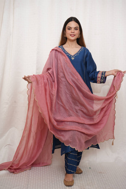 Blue Chanderi Golden embroiderd and beaded Suit Set