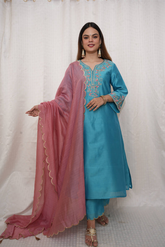 Poweder Blue Chanderi Silk Dori and Shaded Suit Set