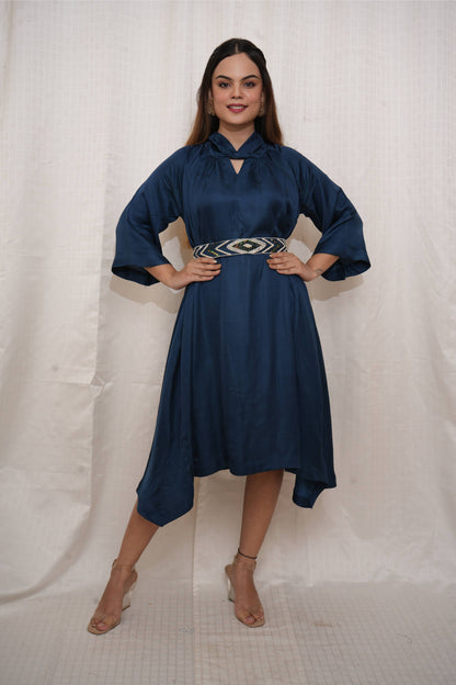 Blue Modal Silk Dress with Beaded Belt