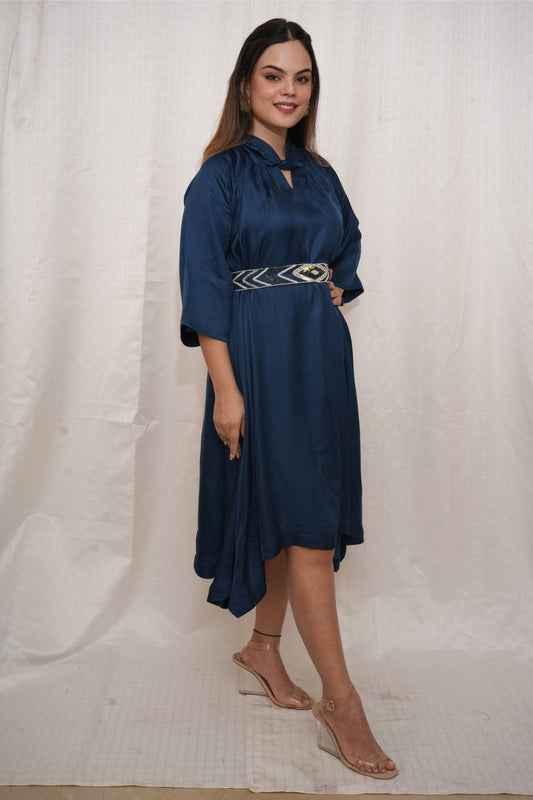 Blue Modal Silk Dress with Beaded Belt