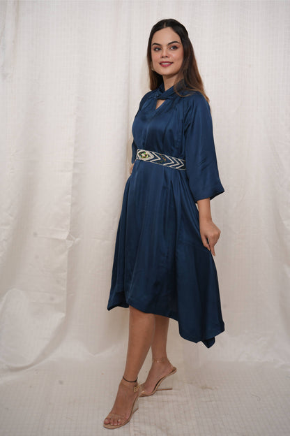 Blue Modal Silk Dress with Beaded Belt