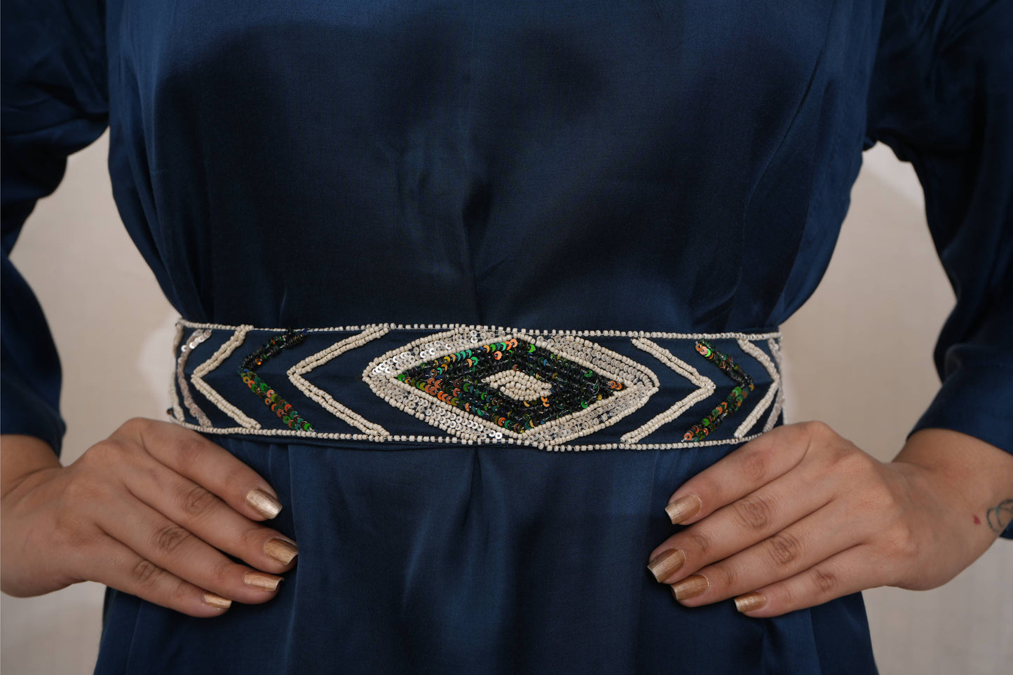 Blue Modal Silk Dress with Beaded Belt