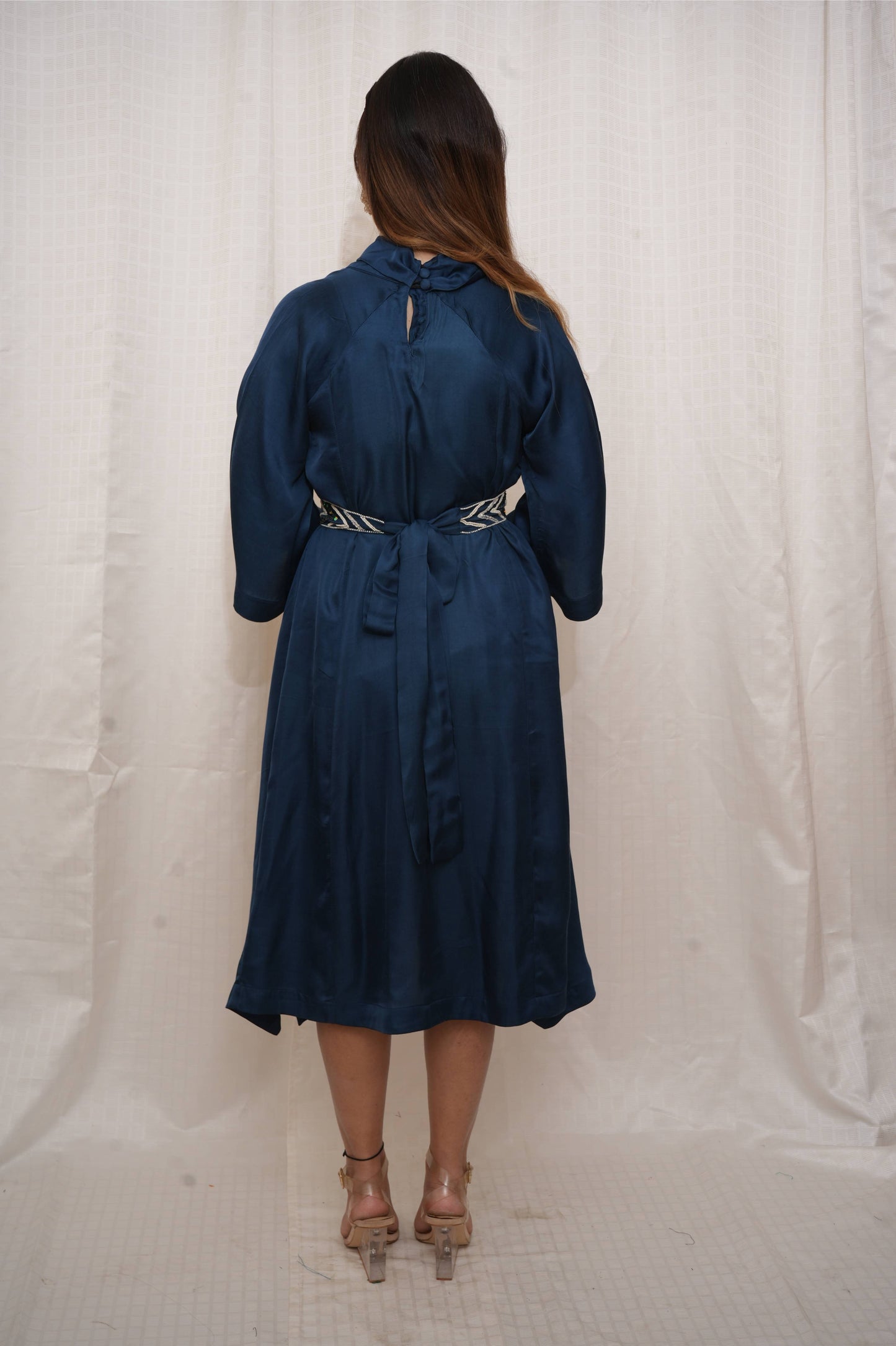 Blue Modal Silk Dress with Beaded Belt