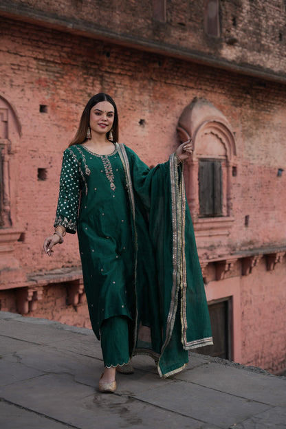 Green zari zardozi Chanderi Silk Suitset