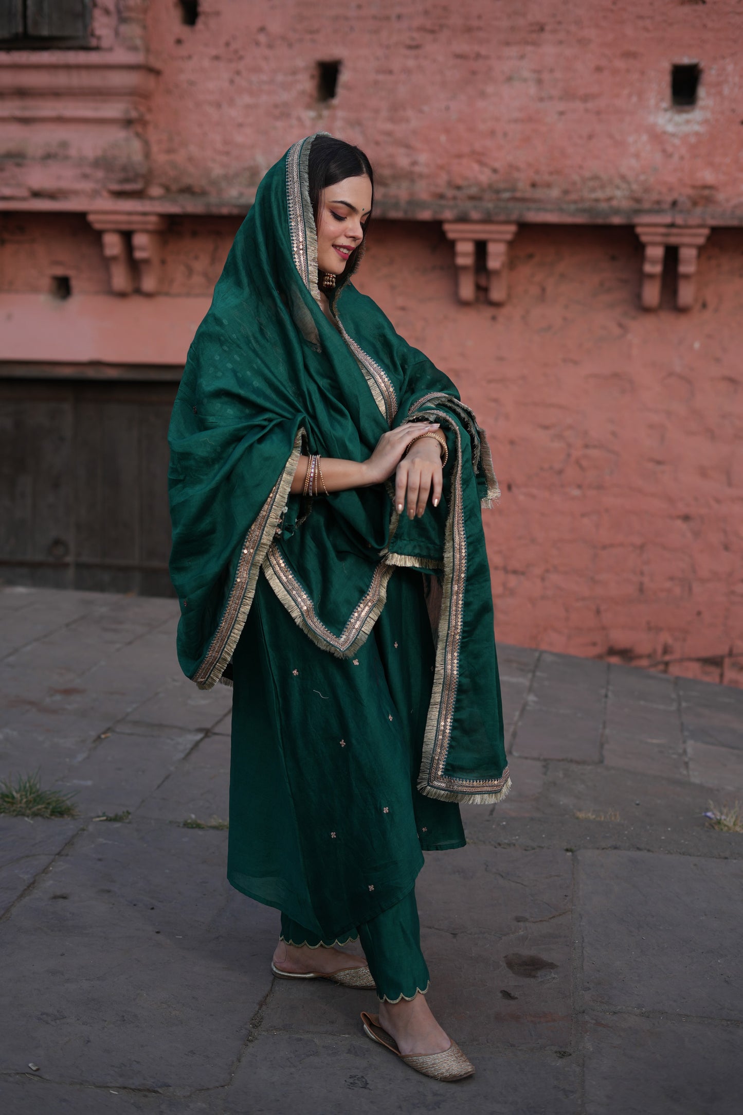 Green zari zardozi Chanderi Silk Suitset
