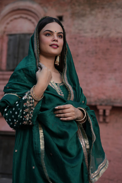 Green zari zardozi Chanderi Silk Suitset