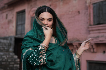 Green zari zardozi Chanderi Silk Suitset