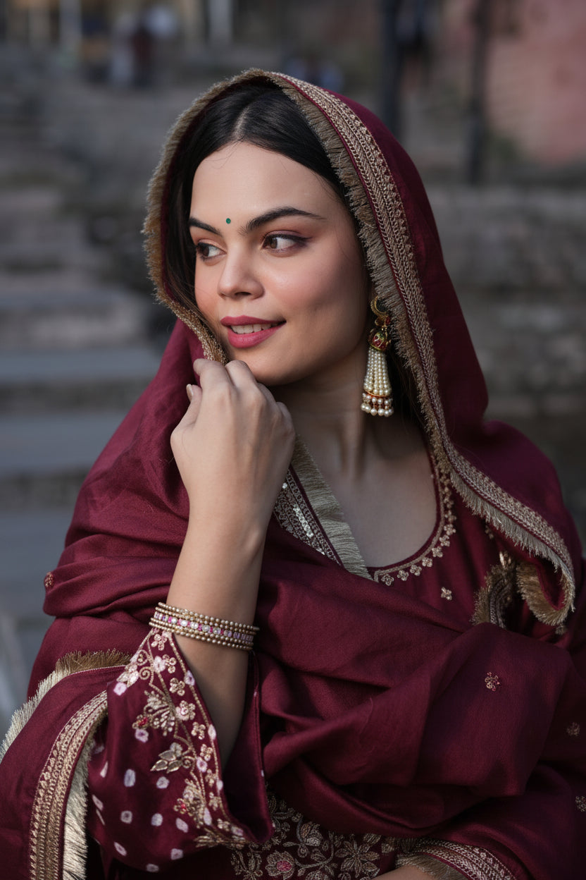 A woman wearing a dark green traditional outfit with an embroidered hooded shawl, gold-toned jewelry, and a bindi, posed against a softly blurred outdoor stone staircase background.