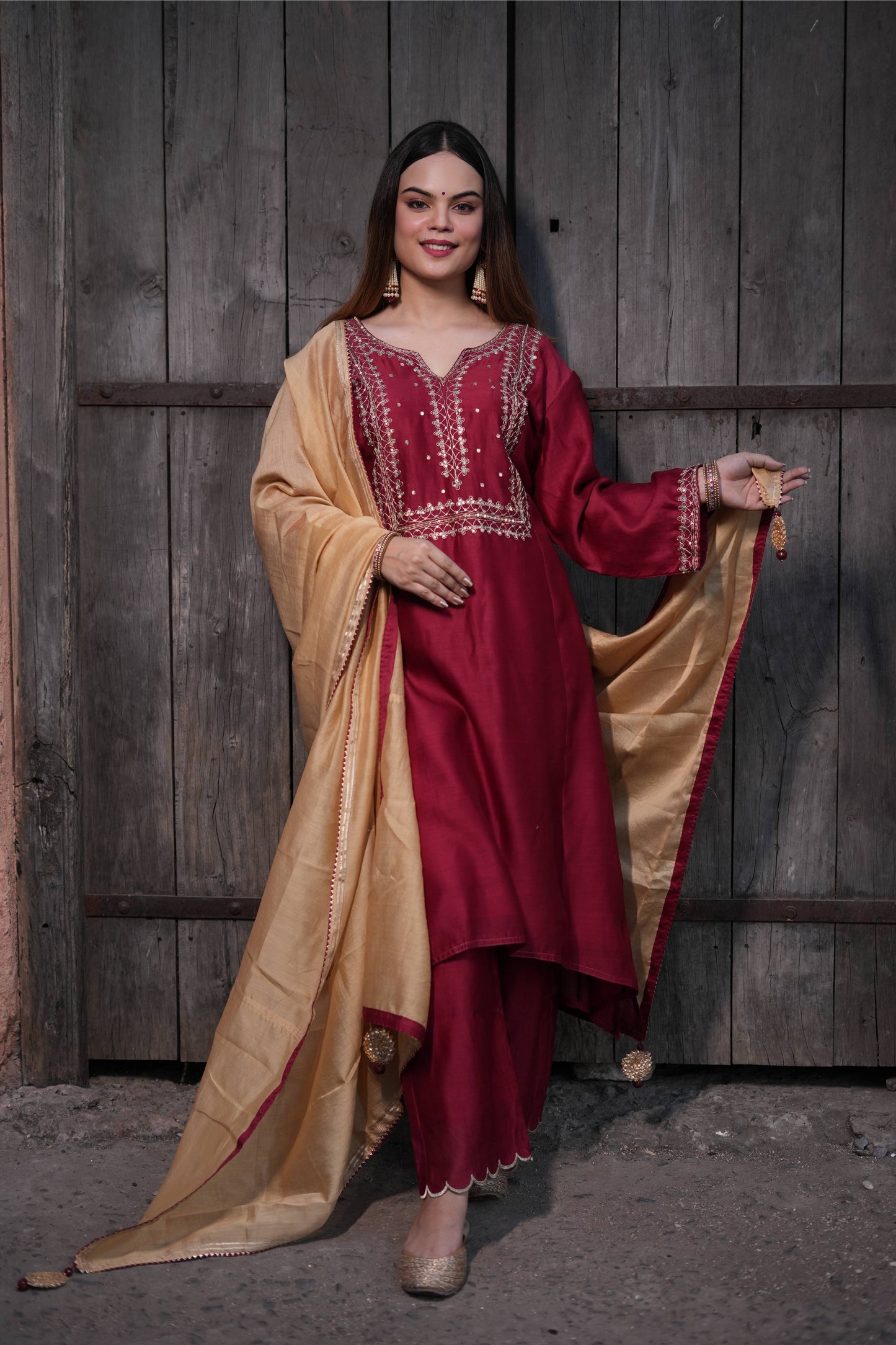 Maroon Golden Embroidered Dori And Sequence Embellished Chanderi Silk Suit Set