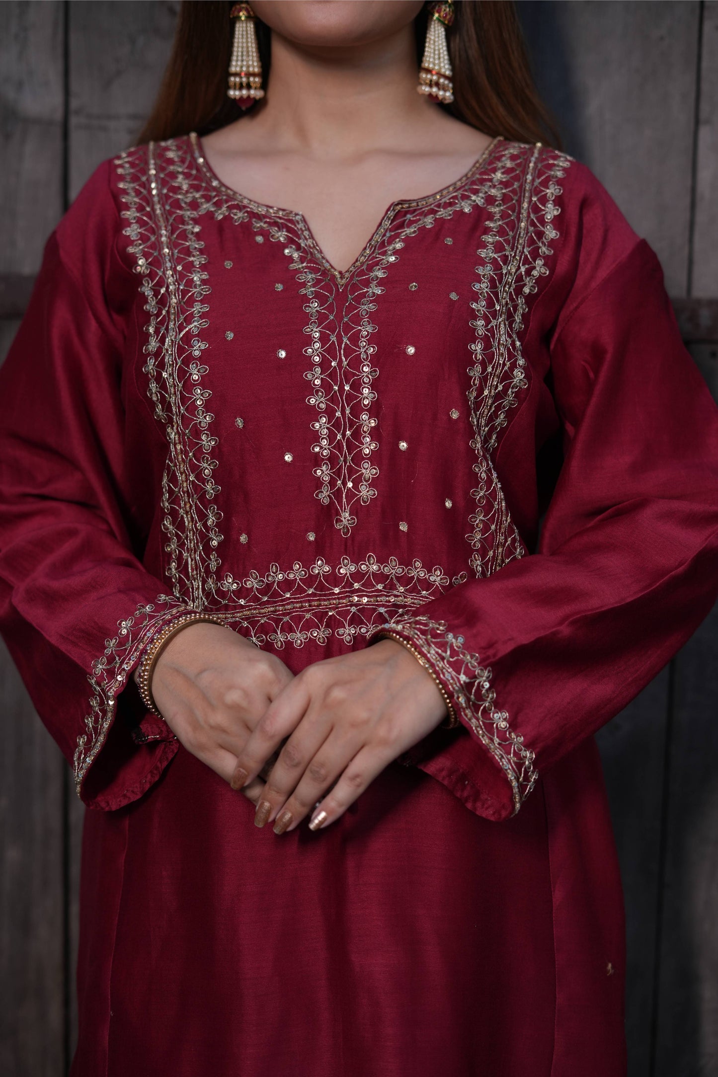 Maroon Golden Embroidered Dori And Sequence Embellished Chanderi Silk Suit Set