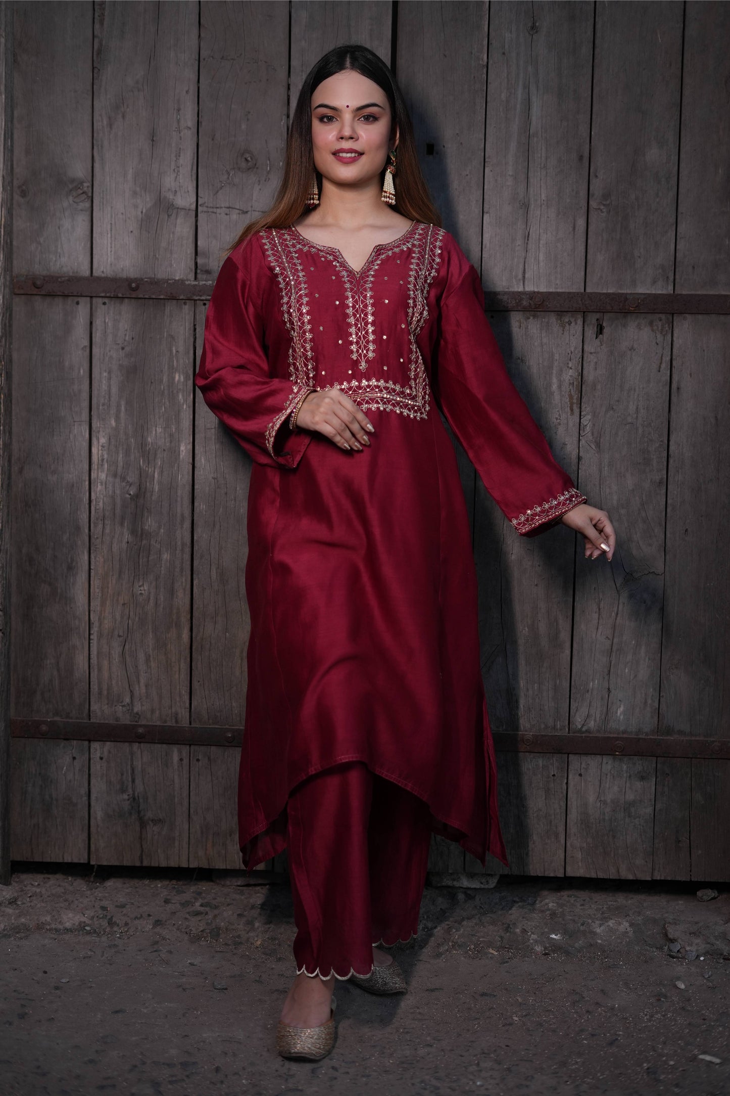 Maroon Golden Embroidered Dori And Sequence Embellished Chanderi Silk Suit Set