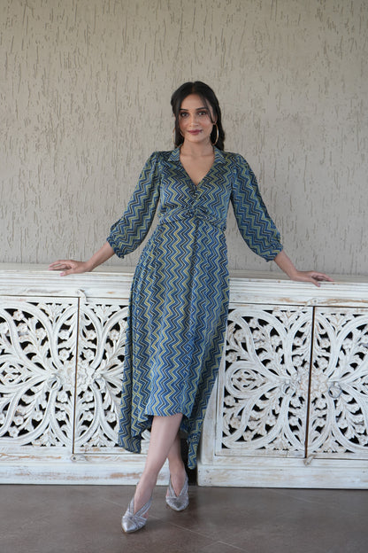 Green zigzag front knot style dress
