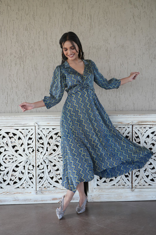 Green zigzag front knot style dress