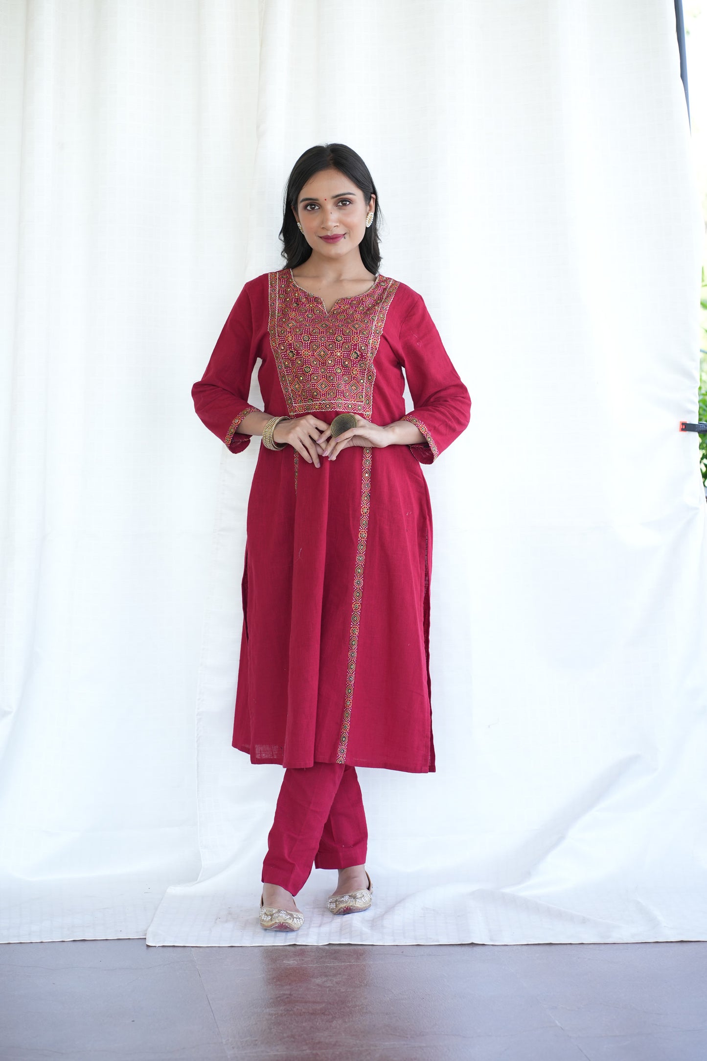 Red cotton Slub Ajrakh patched suitset