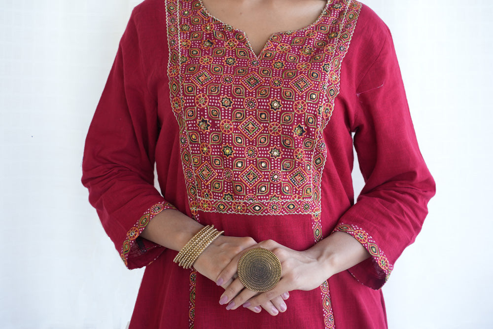 Red Cotton Applique Ajrakh Kurta