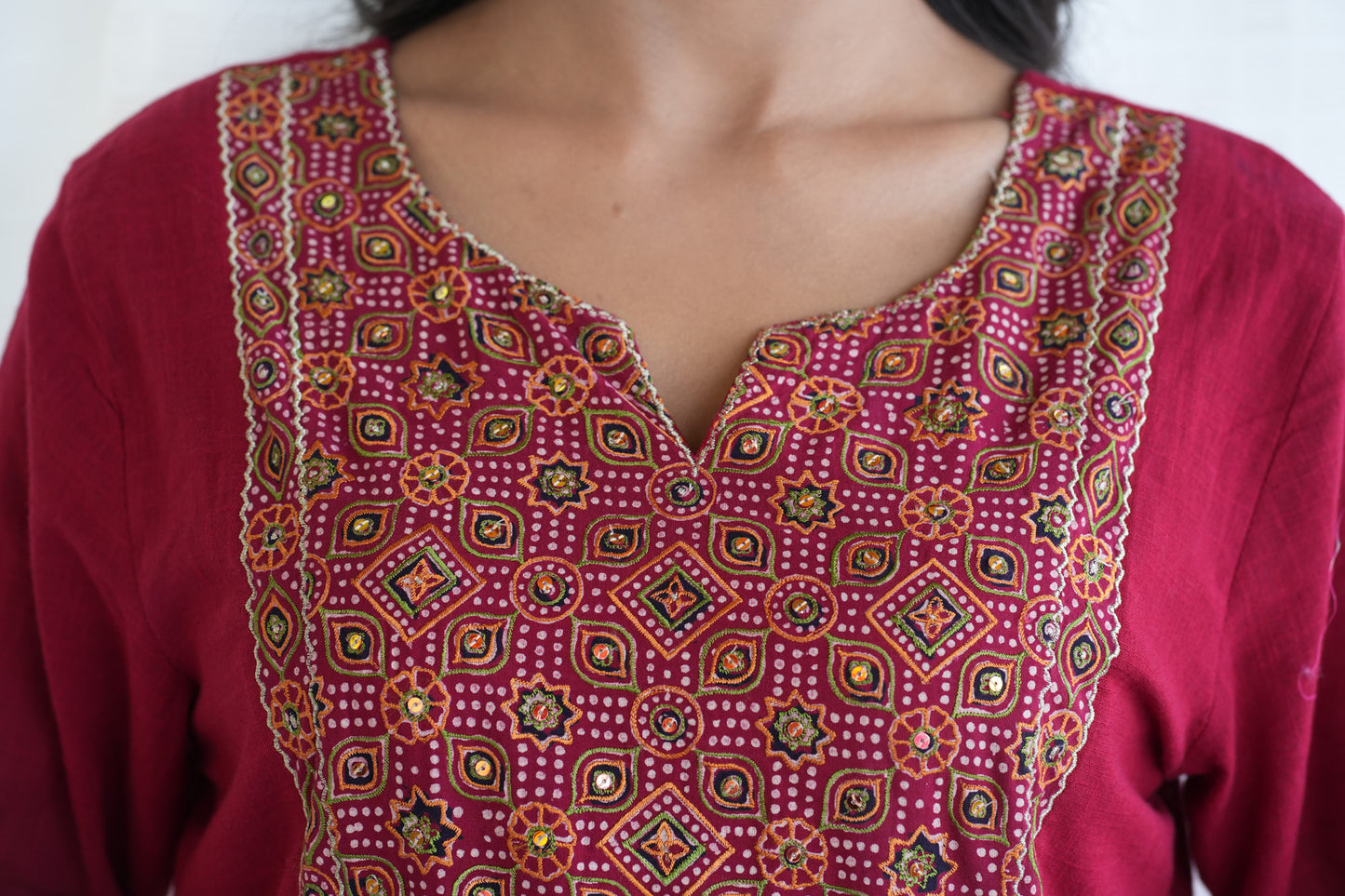 Red cotton Slub Ajrakh patched suitset