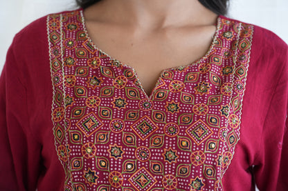 Red cotton Slub Ajrakh patched suitset