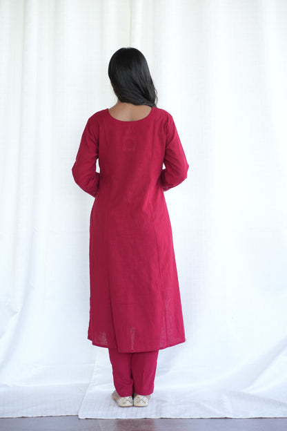 Red cotton Slub Ajrakh patched suitset