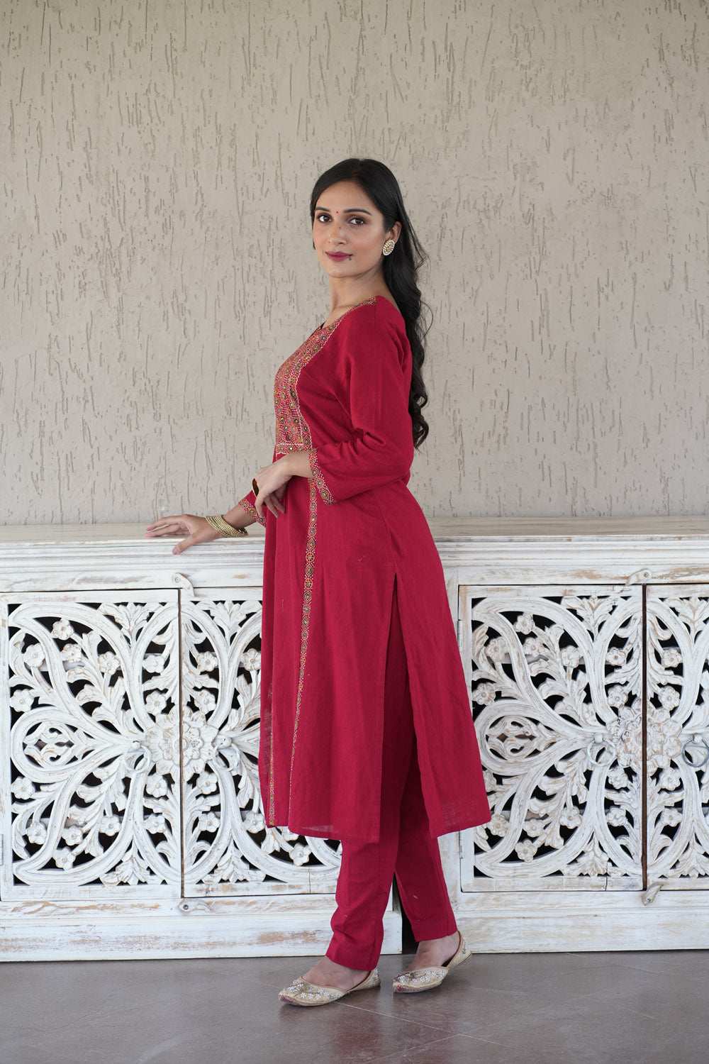 Red Cotton Applique Ajrakh Kurta